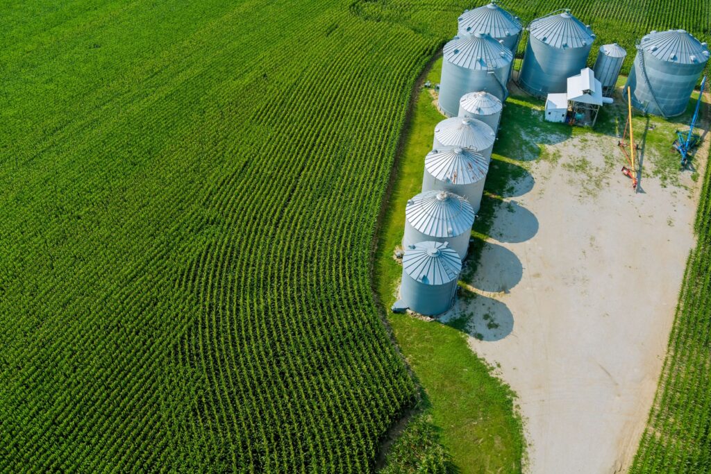 Aerial of a cornfield beside grain bins